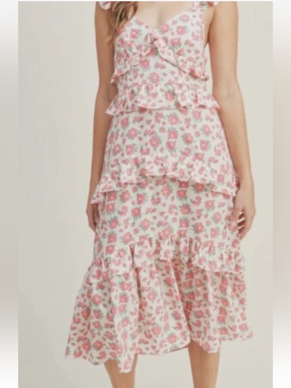 Lush Cream Pink Floral Floral Ruffle
Tiered Midi Tie Back V Neck Dress Sz Large
